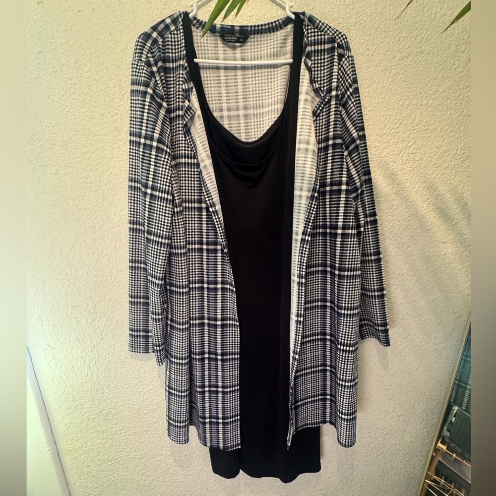 2 peice set blue plaid cardigan and black dress